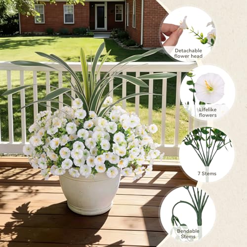 INXUGAO Artificial Flowers for Spring Outdoors Fake Plants Outside, 12 Bundles Silk Morning Glory with Eucalyptus UV Resistant Realistic Faux Flowers for Porch Planter Garden Patio Decor (White) - color: White