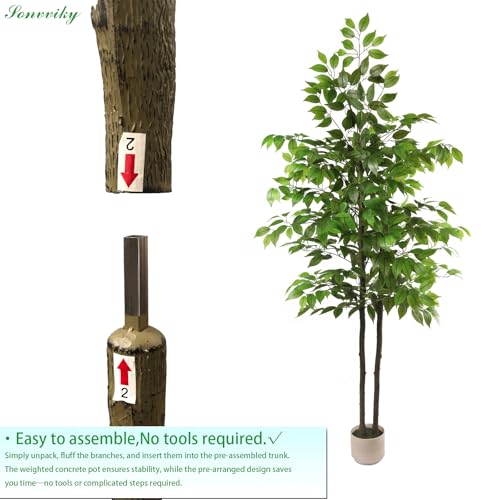 Artificial Ficus Tree 6ft, Fake Trees for Home Office Decor, Artificial Trees with Realistic Silk Leaves & Resin Trunk, Indoor Potted Tall Plants for Living Room, Hotel, Lobby, No Maintenance Needed