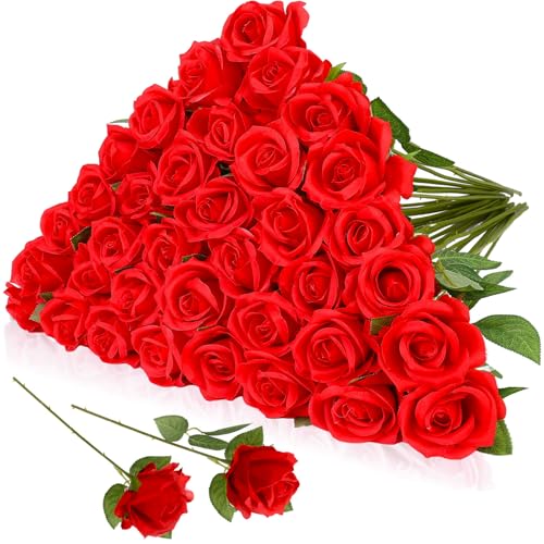 36 Pcs Silk Rose Bouquet Bridal Artificial Flowers,Fake Rose Long Stem Realistic Artificial Flowers Bulk for Wedding Bouquet Ball Arrangement Centerpiece Party Decor(red) - color: Red