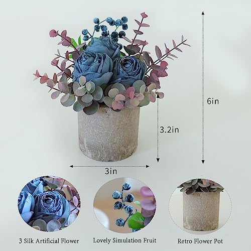 Small Artificial Burnt Blue Rose Potted Plant, 6" Fake Silk Flowers in 3" Cylindrical Pot, Mini Faux Floral Arrangement for Desk Shelf Bathroom Decor - color: Burnt Blue