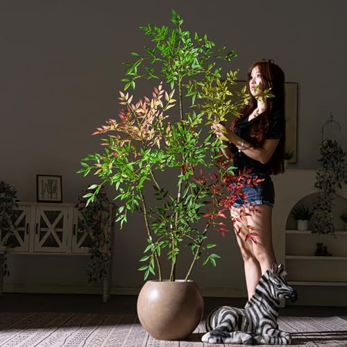 Large Artificial Bamboo Tree Tall Fake Plastic Plants Flowers Indoor Outdoor Realistic Floor Plant Faux Nandina Trees for House Home Living Room Bedroom Office Front Porch Modern Farmhouse Decor - color: Multicolor, size: 6ft