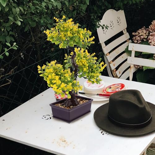 Cabilock Artificial Bonsai Tree Faux Potted Plant Simulation for Home Office Desk Decor Low Maintenance Greenery 14.17X12.59X3.93 Inches - color: Yellow