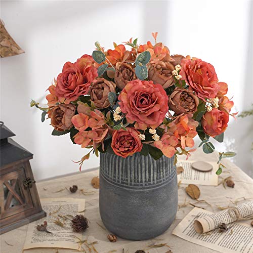 Artificial Flowers Fake Peony Silk Flowers Hydrangea Bouquet Decor Faux Camellia Flower for Home Living Room Table Centerpieces Decoration - color: Russet