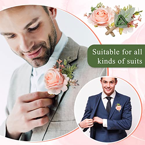 Sherr 12 Pcs Pink Rose Boutonniere for Men Wedding Corsage Rose Groom and Groomsmen Boutonniere with Artificial Flower for Rustic Vintage Wedding Ceremony Anniversary Dinner Prom Party - color: Pink