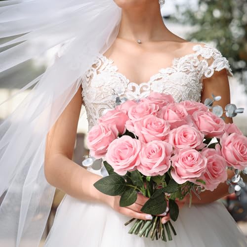 Nubry 24pcs Artificial Pink Roses, Fake Silk Roses Flower with Long Stems, Realistic Flowers for Bridal Wedding Party Table Centerpiece Home Decor - color: Pink