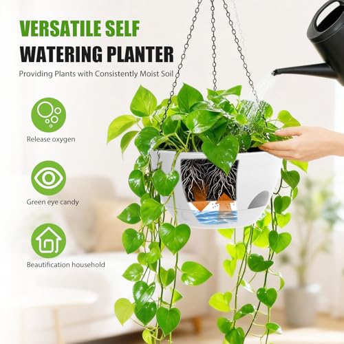 8 Inch Hanging Planters for Indoor Outdoor Plants, 4 Pack White Plastic Self Watering Hanging Baskets with Drainage Holes and Chain for Garden Porch - color: White