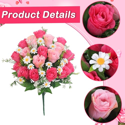 Wocst Artificial Cemetery Flowers for Grave Memorial Day Flowers for Cemetery,2Pack Artificial Silk Roses Daisy Bouquets with Cemetery Vases for Outdoor Grave Decorations ﻿ (Pink) - color: Pink