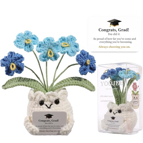 YOOJEE Crochet Forget Me Not Graduation Gift – Class of 2026 Blue Flowers with Card “Congrats, Grad! You Did It.”, Meaningful Gift for Student, Senior, Keepsake Desk Decor - color: E-Graduation-Blue