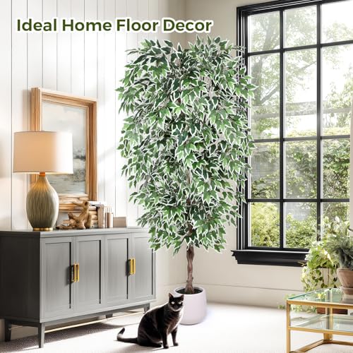 Jocoevol 7FT Artificial Ficus Tree, Tall Faux Trees Indoor with White Planter, Dried Moss, Natural Silk Leaves & Trunk, Fake Plants for Home Living Room Office Corner Decor Housewarming Gift - color: White Border, size: 7ft
