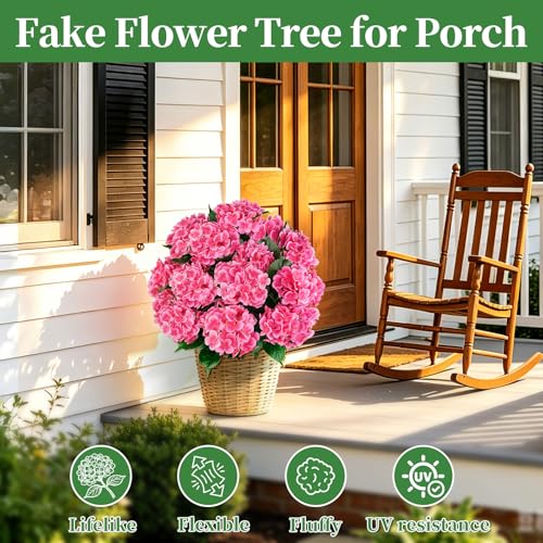 Grooy Artificial Topiary Ball Tree with Pink Hydrangea, Set of 2 UV Resistant Shrubs with Ground Spike, Fake Evergreen Plant Decor for Porch Garden Indoor Outdoor - color: Pink Hydrangea