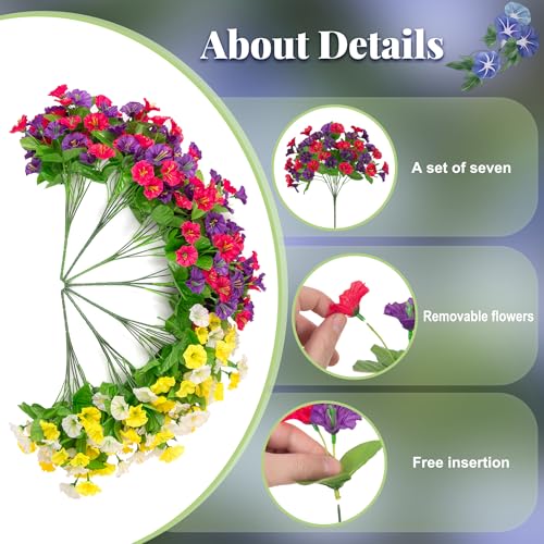 Ammyoo Artificial Fake Hanging Flowers with Basket, Faux Silk Morning Glory Flower Arrangement for Spring Summer Decor, Hanging Plant for Patio Garden Porch Outdoor Decor - color: Yellow White Purple Red