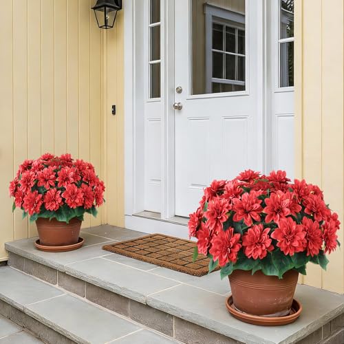 VIERENA 8 Bundles Artificial Dahlia Flowers for Outdoors Spring Summer Decor, No Fade Silk Flower Faux Dahlias Plant Arrangement for Home Garden Balcony Farmhouse（Red） - color: Red