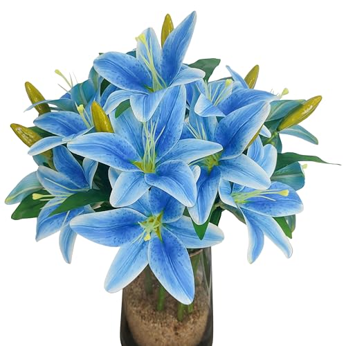 ATFL Artificial Lilies Flowers,9 Pcs Faux Lily Flowers,16''Tiger Lily Branches with 2 Full Blooms and 1 Bud,Faux Fake Lilies Plants for Wedding Bouquet Floral Arrangements (9, Blue) - color: Blue