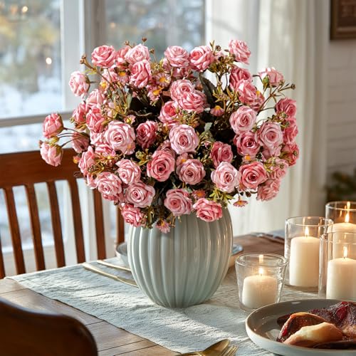 Artificial Rose Flowers for Outdoor 4 Bundles Rose Bouquet with Daisy Faux Flowers UV Resistant for Home Indoor Outside Garden Porch Window Box Balcony Yard Porch Fall Decor (Pink) - color: Pink