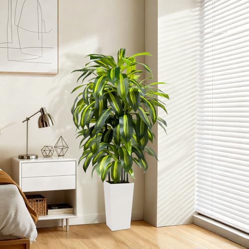 5FT Fake Plant Artificial Dracaena Tree Indoor - Faux Plants Indoor Tall with White Planter - Fake Tree Floor Plant Artificial Plants Decor for Living Room Office - color: White, size: 5ft
