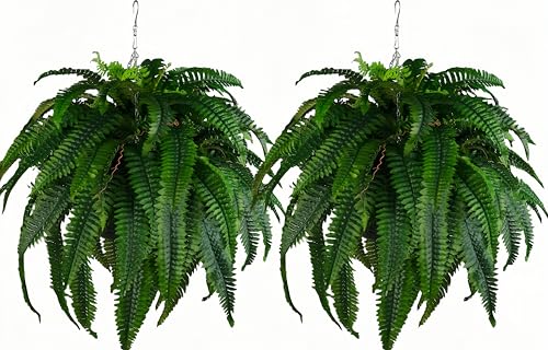 Outdoor Artificial Plants-2PCS Artificial Outdoor Hanging Fern Faux Greenery UV Resistant Plastic Plants for Front Porch Living Room Garden Decor- Including Hanging Planters (Dark Green) - color: Dark Green