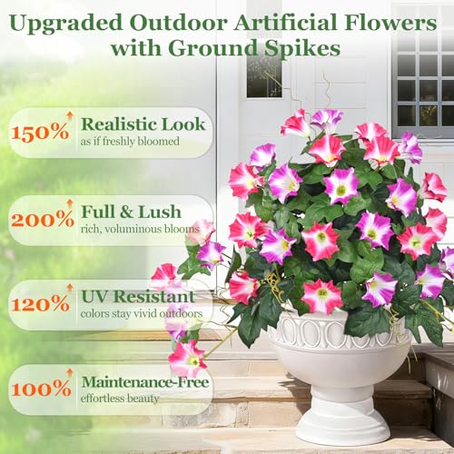 Elyum 2 Pack Artificial Flowers Topiary Ball Trees for Outdoors, 19.7" Lifelike Morning Glory Fake Bushes Plants, UV Resistant Fake Plants Faux Shrubs with Ground Spike for Porch Garden Decor - color: Purple and Red