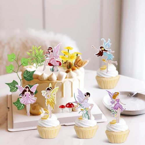 28PCS Fairy Cake Toppers Mini Flowers Red Mushroom Artificial Leaves Cake Decorations for Fairy Flower Theme Baby Girls Birthday Party Decorations Supplies - color: Colorful