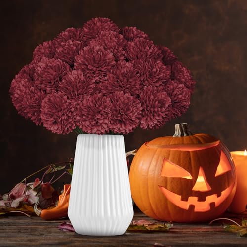 36 Pcs Burgundy Artificial Chrysanthemums Flowers Red Fake Mums Silk Ball Flowers for Fall Home Decor Wedding Table Centerpiece Christmas Floral Arrangements (Burgundy) - color: Burgundy