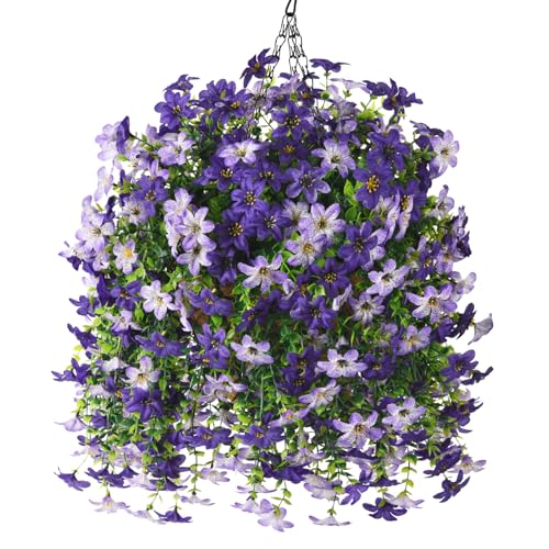 INQCMY Artificial Faux Hanging Flowers Plants Basket for Outdoor Outside Spring Summer Decoration,UV Resistant Fake Silk Daisy in Planter Resistant Look Real for Home Porch Balcony Patio Yard Decor - color: Purple Double Purple