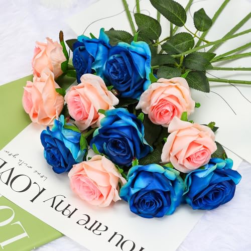 Pink Fake Roses Artificial Flowers - 10 Pcs Fake Artificial Roses Silk Flowers with Stems for Home Wedding Hotel Office Centerpiece Decor（Champagne Pink） - color: Champagne Pink, size: 10 Pcs