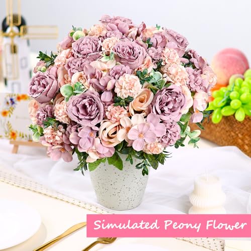 Olgaa 12 Bundles Peonies Artificial Flowers Silk Flowers Faux Peony Fake Peony Hydrangea Flower Bouquet Bulk for Vase Filler Centerpiece Table Decorations Wedding Arch Flowers (Champagne Purple) - color: Champagne Purple