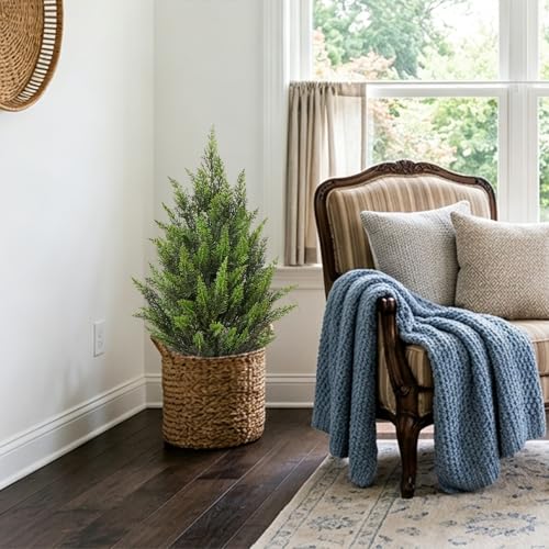 Briful 17.7'' Artificial Cedar Topiary Tree in Black Pot – Set of 2 Lifelike Evergreen Faux Plant for Outdoor Indoor Home, UV Resistant, Potted Fake Cypress Shrub for Farmhouse Living Room Décor