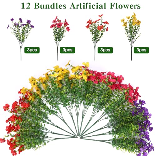 CEWOR Artificial Flowers for Outdoor Indoor, Fake Silk Daisy with Eucalyptus Leaves, Faux Flower for Garden Front Door Porch Planter Patio Home Decor (12 Bundles, Mix Red Purple Yellow Fuchsia) - color: 4 Color Daisy