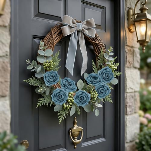 Foam Roses,16Pcs Dusty Blue Foam Flowers Real Looking Artificial Fake Roses with Stems and Leaves for DIY Wedding Bouquets Baby Shower Party Home Centerpiece Floral Arrangement (Dusty Blue)