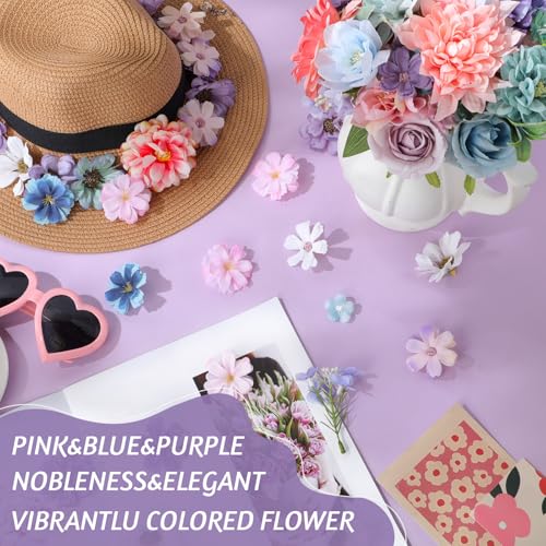 Janinka 100 Pcs Blue Purple Pink Assorted Fake Flower Heads with Long Stem Mini Artificial Flower Bulk Mix Silk Faux Daisy for Crafts Fake Peony Rose for DIY Wedding Party Wreath Home Decoration - color: Blue Purple Pink