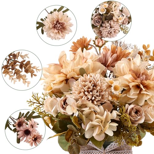 CEWOR Fake Flowers in Vase, Artificial Flowers with Vase Faux Silk Floral Arrangement Table Centerpieces Decor for Home Office Dining Farmhouse Coffee Table Living Room Bathroom Plant Decor .Brown - color: Brown