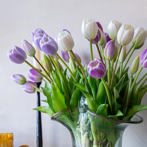Artificial Tulips Flowers,Soft Touch Latex Bouquet, Fake Tulips,Spring Wedding Home Room Table Centerpiece Decor - color: 40pcs Amethyst Set(no Vase)