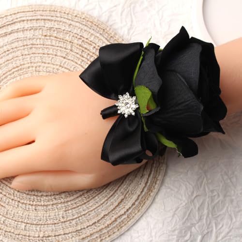 Black Rose Wrist Corsage and Boutonniere Set Rose Corsage Wristlet for Wedding Prom Party Homecoming Decoration Set of 2 (Black) - color: Black