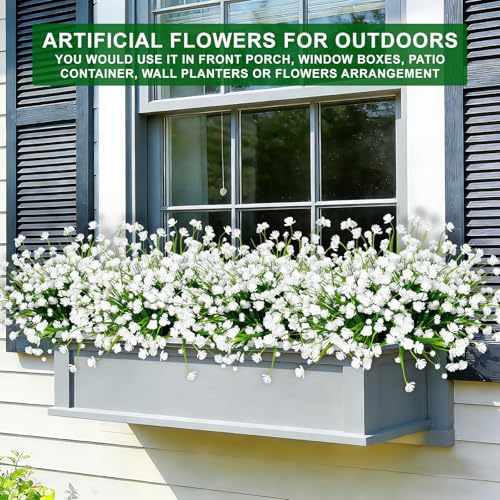 12 Bundles Artificial Flowers for Outdoors Summer Decor, Realistic UV Resistant Fake Plants Faux Plastic Flowers for Outside Planter Home Gardens Patio Porch Yards Spring Cemetery Decor(White) - color: White, size: 12 Bundles
