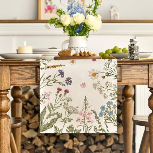 Artoid Mode Floral Wildflowers Herb Spring Table Runner, Seasonal Kitchen Dining Table Decoration for Home Party Decor 13x120 Inch - size: 13" x 120", Table Runner