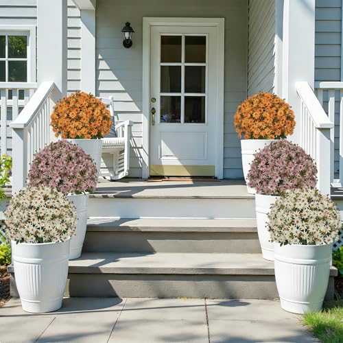 24” Artificial Flowers for Outdoors, Set of 2- UV Resistant Look Real Faux Purple Mums with Cement Pots, Realistic Fake Plastic Plants for Front Porch Planter Entryway Indoor Decor - color: Daisy Pink Lavender