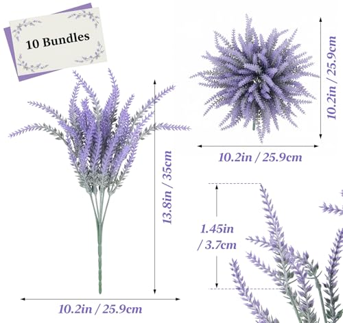 ilauke 10 Bundles Artificial Lavender Flowers for Outdoors, Purple Fake Flowers for Decoration, UV Resistant Faux Plants Lavender Flower Bouquet Indoor Outside Home Wedding Garden Patio Porch Decor - color: Purple