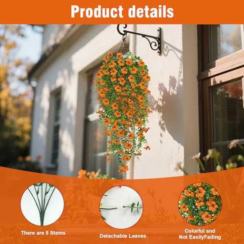 Artificial Hanging Flowers 4 Bundles UV Resistant Fake Flowers for Outdoor Decor Realistic Silk Flower Faux Plants for Patio Porch Garden Yard (Orange) - color: 4pcs Orange