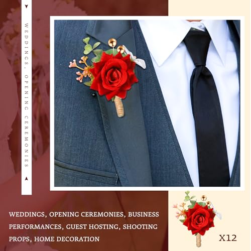Sherr 12 Pcs Boutonniere for Men Wedding Flower Boutonniere Rose Corsage Set with Pin for Groom Groomsmen Prom Western Wedding Anniversary Dinner Fall Party Decor (Red) - color: Red