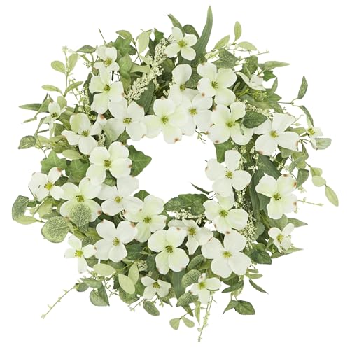 YNYLCHMX 20" Spring Summer Wreaths for Front Door, Artificial Floral Wreath with White Phalaenopsis Green Eucalyptus Leaves, Green Foliage Wreath for Wall Window Farmhouse Party Holiday Home Decor - color: White Phalaenopsis
