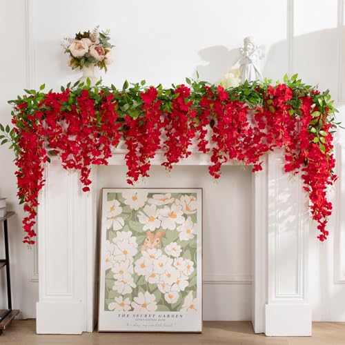 U'Artlines 10Pcs 7.2 Ft/Piece Artificial Wisteria Garland Silk Fake Red Wisteria Flowers Hanging Greenery Vines Garlands Rattan for Home Garden Wedding Arch Party Indoor Outdoor Décor - color: Red