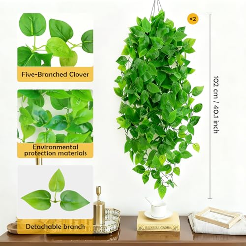 Artificial Hanging Plants, 2pcs Fake Pothos Vine Greenery for Wall Decor - Indoor Outdoor Home Living Room Hanging Decor, No Basket Included