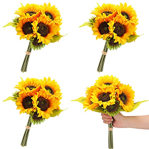 36 Pcs/ 4 Bunches Artificial Sunflower Bouquets Fake Sunflowers with Stems Large Faux Sunflowers Bulk Bride Holding Flowers for Wedding Home Baby Shower Birthday Party DIY Garden Outdoor Indoor Decor