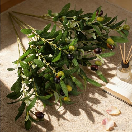 Artificial Olives Plants Stems for Vase, 4 Pcs Fake Greenery Olive Branches Stems Faux Green Plants Leaves for Table Desk Livingroom Kitchen Indoor Home Decor - color: 4p