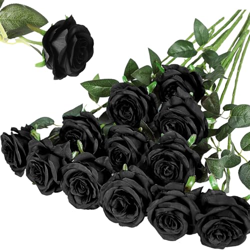 Hawesome 12PCS Artificial Silk Flowers Realistic Roses Bouquet Long Stem for Home Wedding Decoration Party (Black, 12Pcs Flowers) - color: Black, size: 12Pcs Flowers