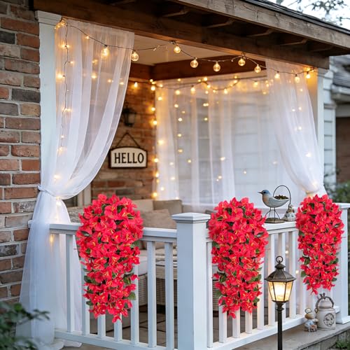 Fake Bougainvillea Artificial Flowers for Outdoors Decoration 2 pcs Faux Hanging Flowers Plants for Outdoor Planters UV Resistant Silk Bougainvillea Vines for Front Door Porch Urn Patio Garden - color: Red