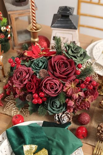 Artificial Christmas Flowers Mix Silk Flowers Fake Roses with Stems for DIY Bridal Bouquets Faux Flowers Centerpieces for Table Home Christmas Decorations - color: Chrismas Red Green