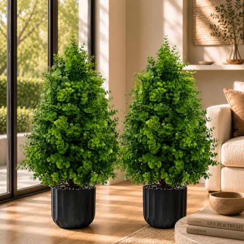 2PACK Boxwood Topiary Trees Artificial Oudoor Indoor, 2.3FT Artificial Potted Plants with Pot, UV Rated Centerpiece Faux Bushes Potted Eucalyptus Tree for 4th of July Outdoor Planters Front - color: Money Plant Green
