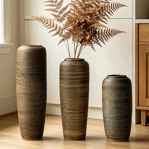 19.7 Inch Rustic Ceramic Large Floor Vase, Ribbed Textured Rustic Farmhouse Vase for Pampas Grass, Living Room & Entryway Décor, Handmade Ceramic Accent - size: 19.7 Inch