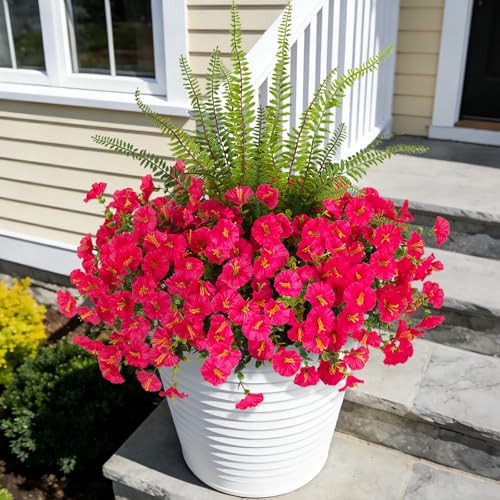 Hrobek Artificial Flowers for Outdoors Faux Plants Outside Indoor,UV Resistant Silk Fake Petunia Ferns for Home Patio Garden Back Yard Front Porch Decor(13 Bunches,Hot Pink) - color: 2 Color Mixed (12 Hot Pink,1 Tall Fern)